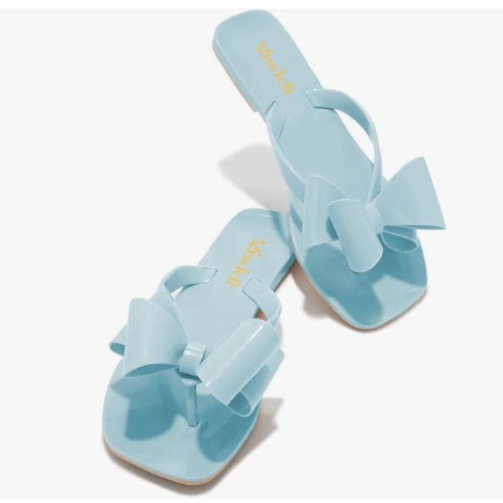 miss left Sky Blue Open Toe Flip Flops Double Bowknots Slip on Thong Sandal